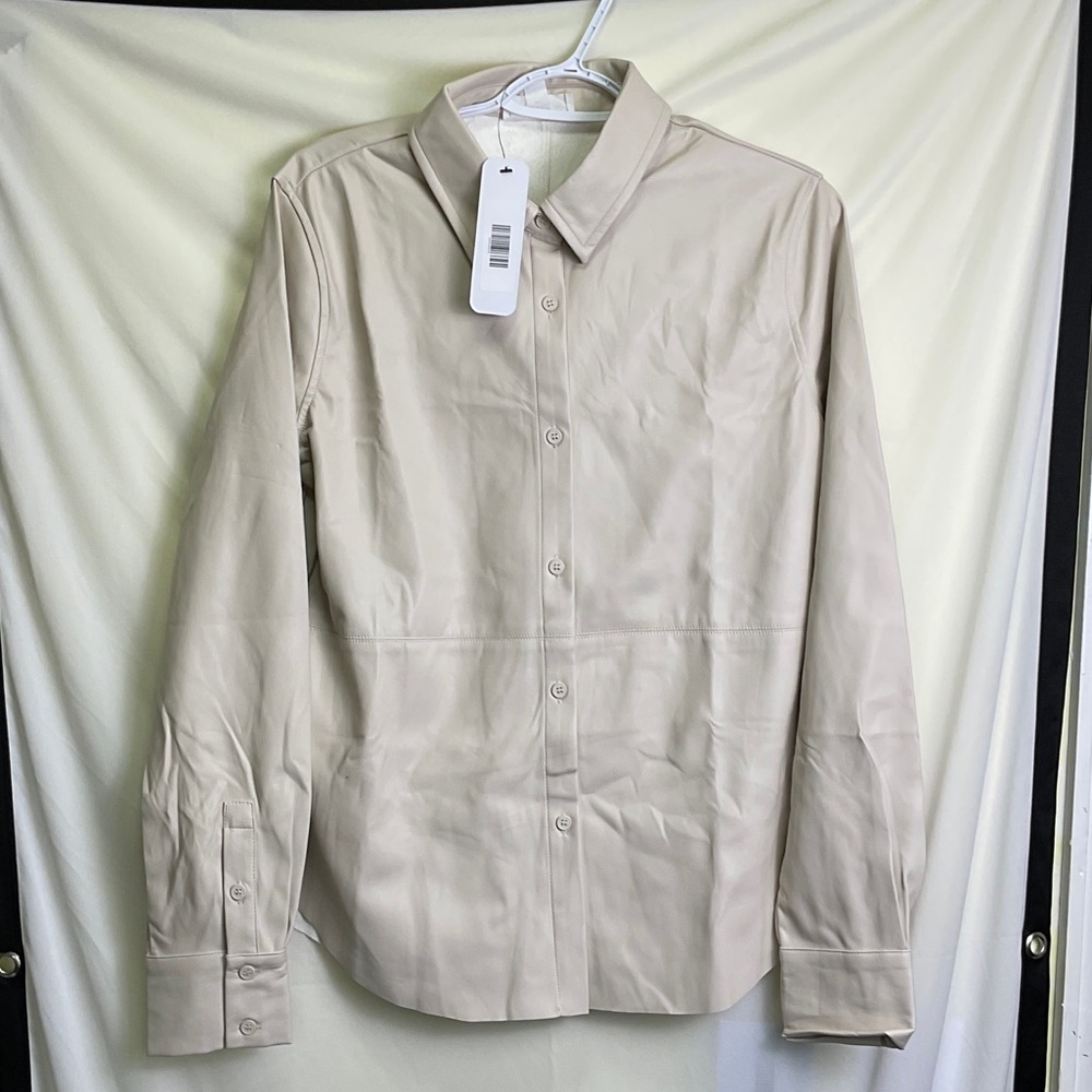 Olia Faux Leather Button Up Shacket in Beige